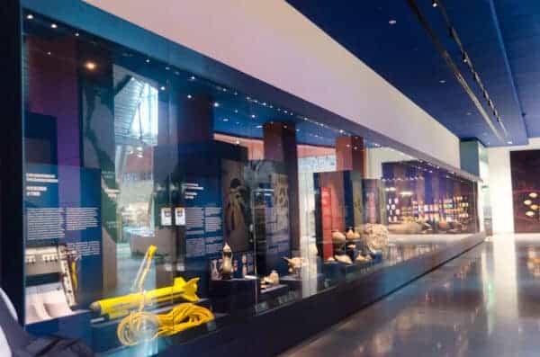 Spoiler alert At the end of the Typhoon Theatre, you experience sinking into the depths of the ocean as the Belitung wreck. You emerge at the underwater archaeology gallery, featuring artefacts from the Bakau Shipwreck. Bloop bloop.