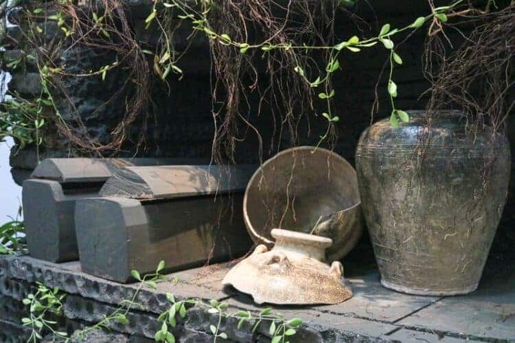 Burial jars and coffins exhibited at the National Museum in Phnom Penh
