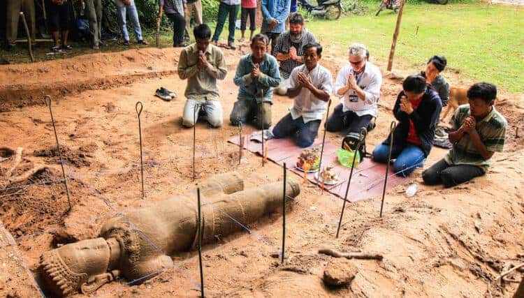 Giant sandstone sculpture found near Angkor Thom