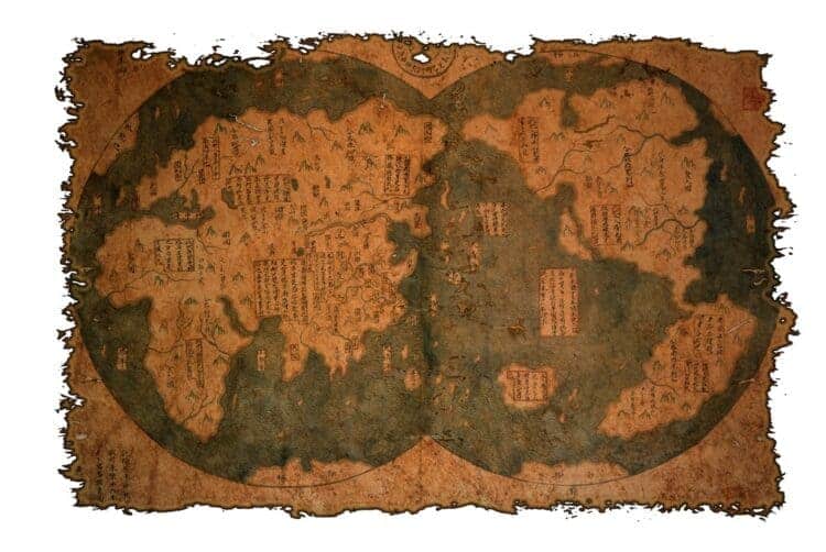 Old Chinese world map on vintage burned paper background. Stock photo from Shutterstock / BaanTaksinStudio