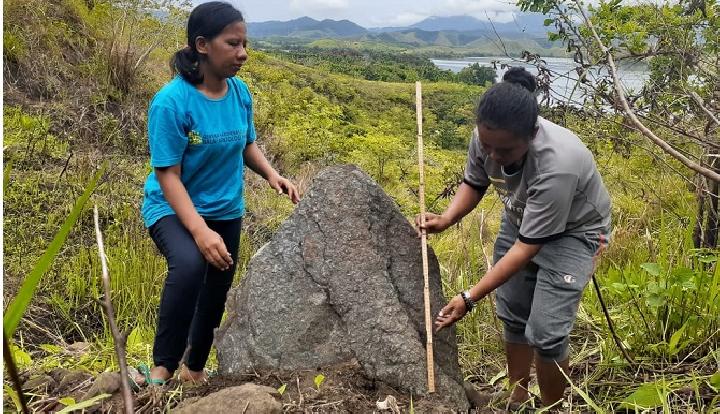 Archaeologists measuring a menhir at Yomokho hill. Source: Tempo, 20191208