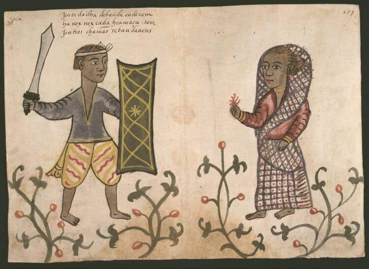 Depiction of Bandanese people from an illustrated Portuguese manuscript of c.1540. Rome, Biblioteca Casanatense, Codex Casanatense 1889, f.137r.