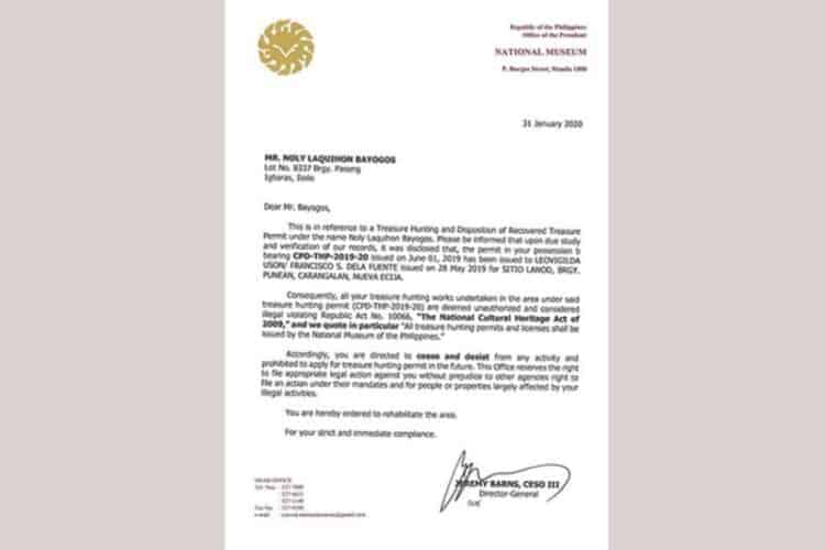 Cease and desist order from the National Museum. Source: SunStar Iloilo 20200204