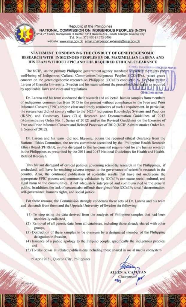 Statement by NCIP. Source: Facebook 20210419