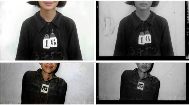 Original and altered photos of prisoners from Tuol Sleng