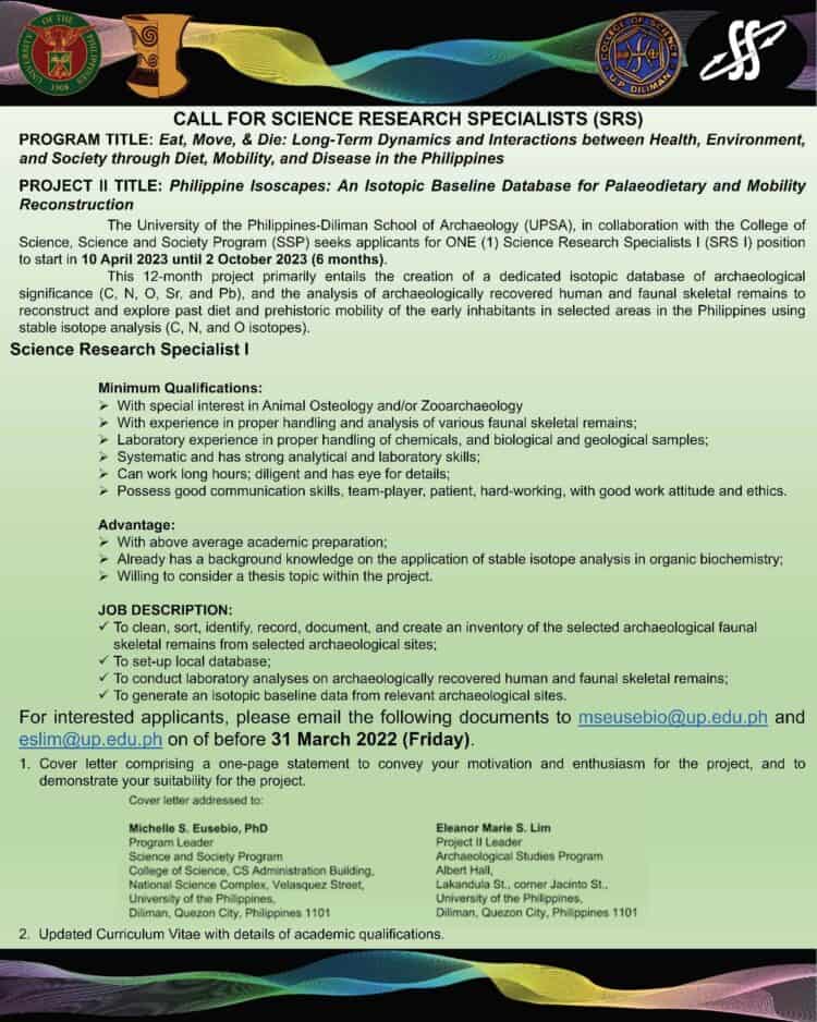 [Job] Call for Science Research Specialists in Zooarchaeology