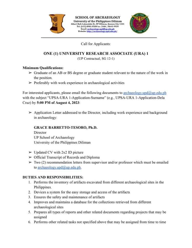 [Job] University Research Associate, School of Archaeology, University of the Philippines