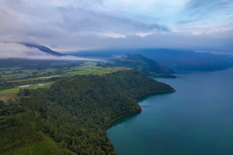 aerial view of the magnificent lake toba on the sumatra island indonesia